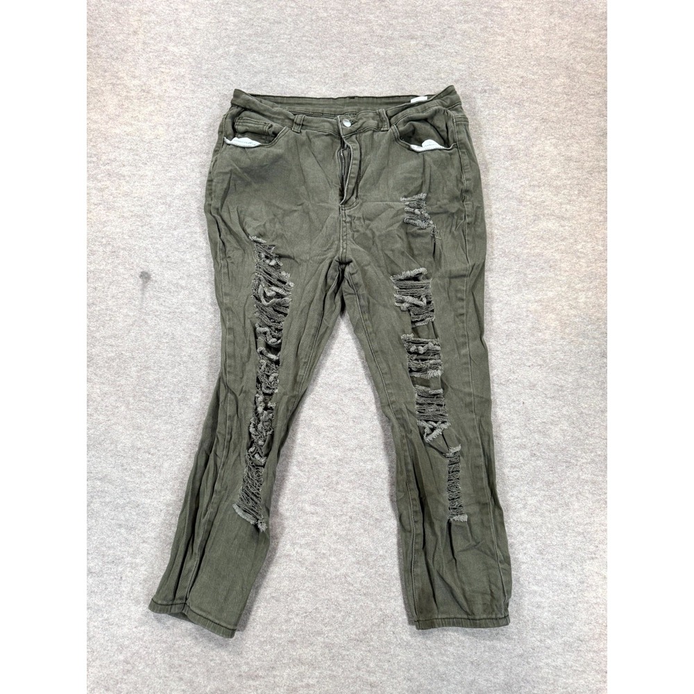 Womens Cropped Pants 1XL Olive Green Distressed Twill Cotton Stretch High Rise